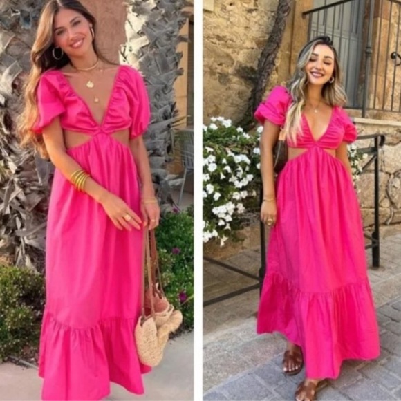 Zara cut out Barbie pink dress with braided straps poplin maxidress 2023 - Picture 5 of 13